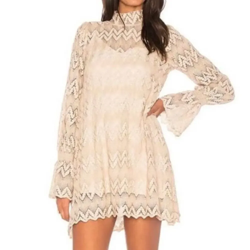 Free People Simone Lace Dress Long Sleeve Mini Sheer Bell Sleeve Beige Crochet M